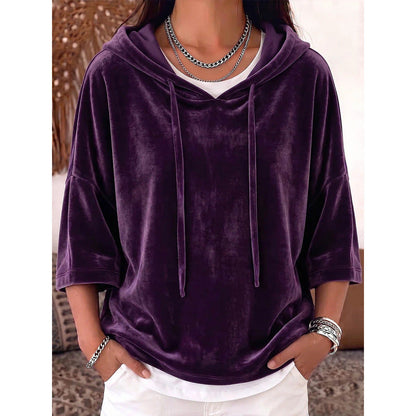 Solid-color velvet hoodie with drawstring and three-quarter sleeves by My Store