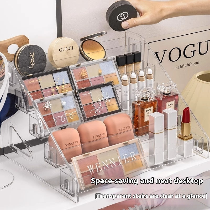 Transparent plastic cosmetics storage box with multiple compartments for makeup and beauty products