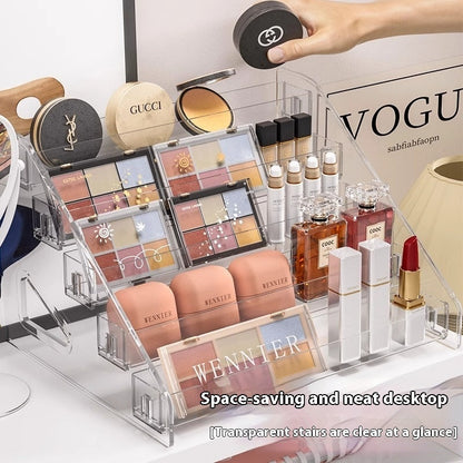 Transparent plastic cosmetics storage box with multiple compartments for makeup and beauty products