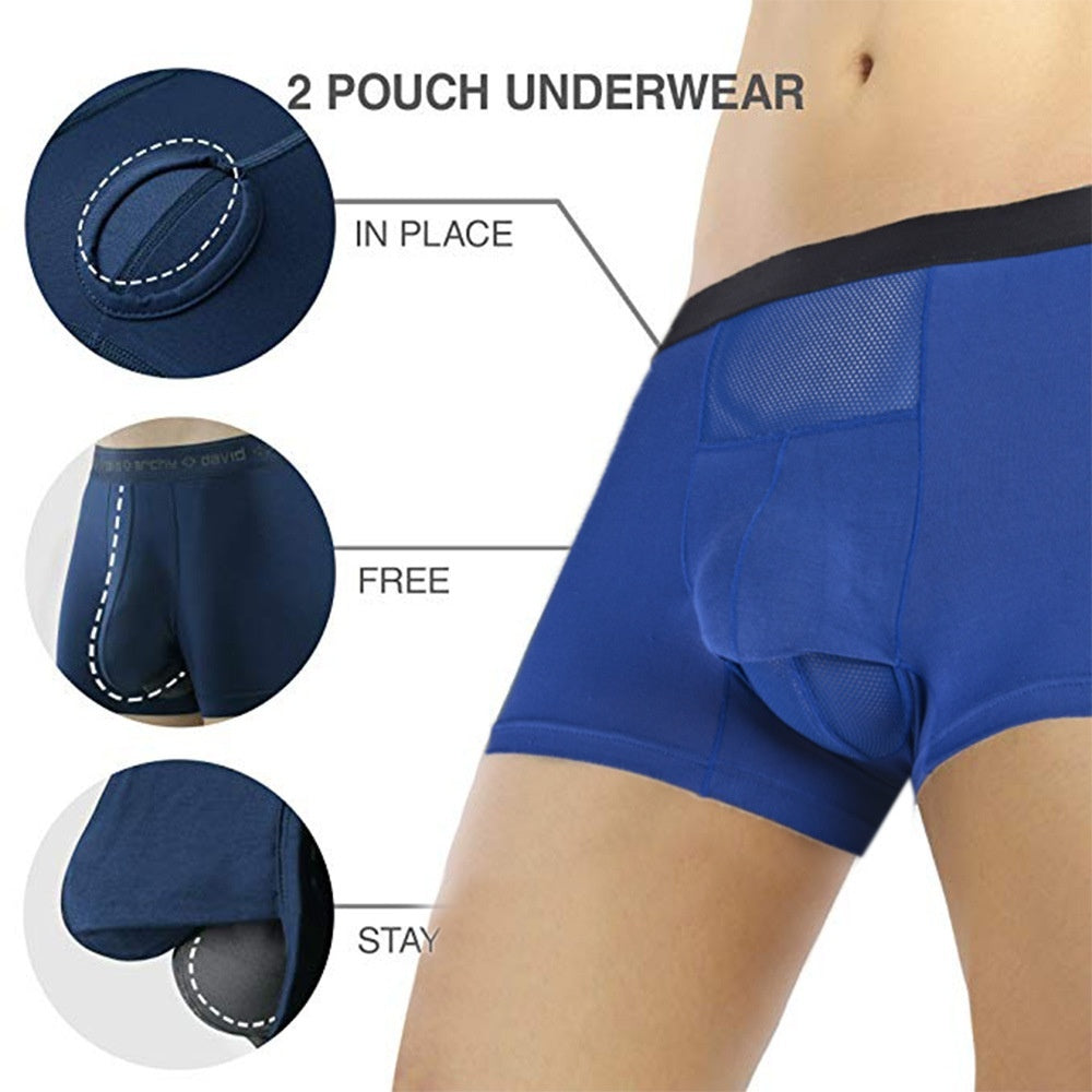 Men's flat-bottom boxer briefs with scrotal and vein support, shown in front view