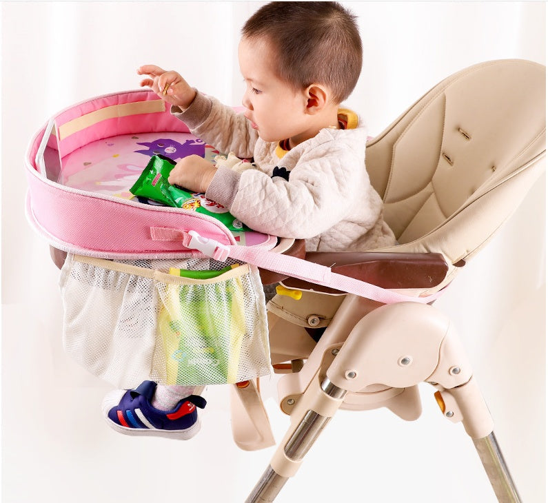 Baby car seat tray table with smooth surface and raised edges for snacks and toys