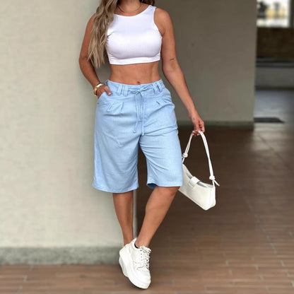 Women's fashionable casual solid-color drawstring shorts, front view
