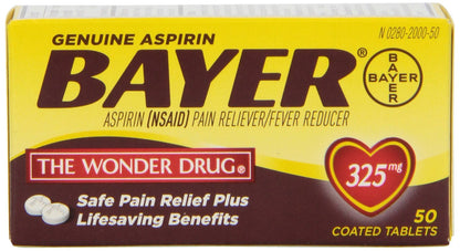 Bayer Aspirin 325mg dual pack with 100 tablets, showing blister packs of pain relief medication.