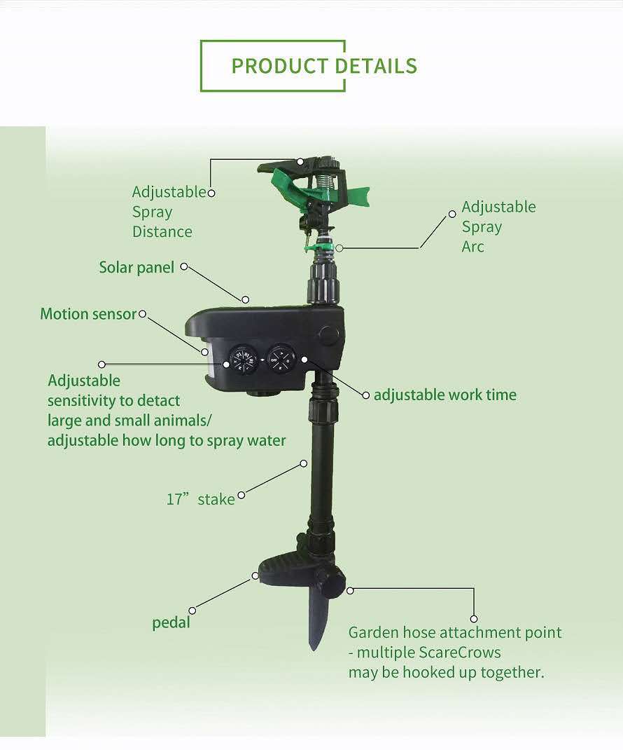 Automatic sensing animal repellent garden sprinkler with motion sensor and water spray stake setup