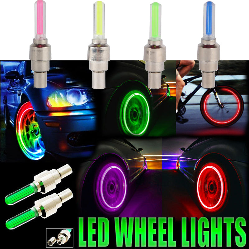 Automobile tire valve lights and wheel lights installed on a vehicle wheel