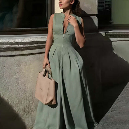 Women's summer solid-color casual loose wide-leg jumpsuit pants in European and American style