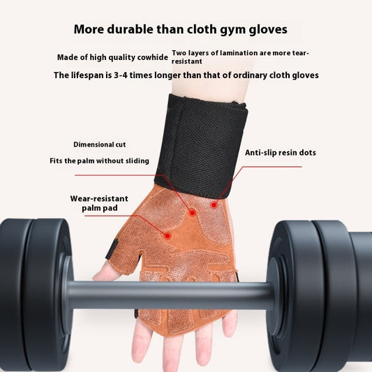 Cowhide fitness anti-slip wrist gloves by My Store, shown from the palm side with padded grip and wrist support