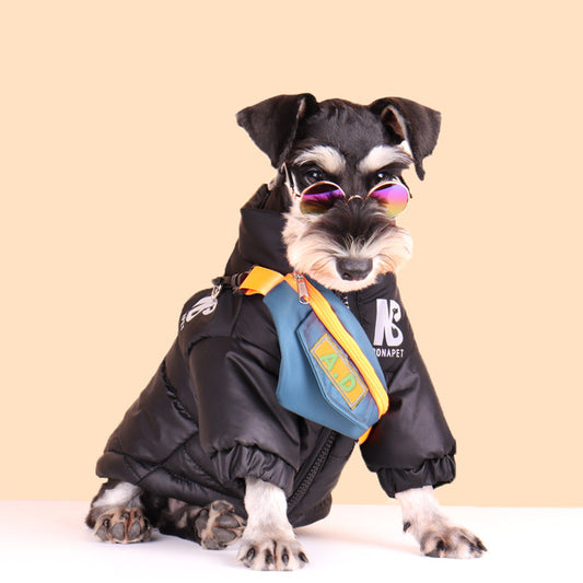 Fashion dog cotton jacket with reflective detailing, warm autumn and winter pet clothing in a trendy style