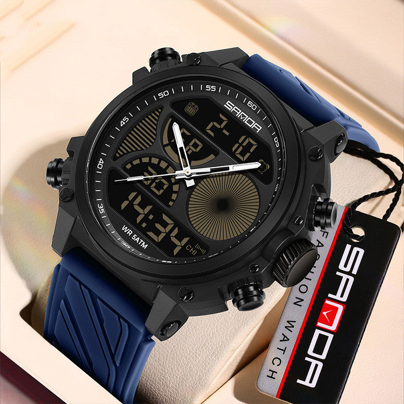 Men's outdoor sports waterproof watch with rugged design, large dial, and dual display