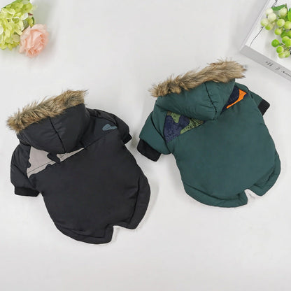 Dog wearing a thickened winter cotton coat jacket for warmth