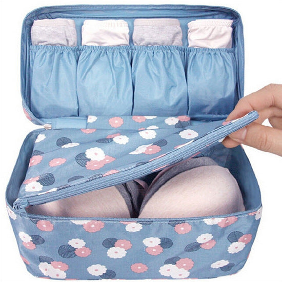 Travel underwear organizer bag with multiple compartments for neatly storing undergarments and socks