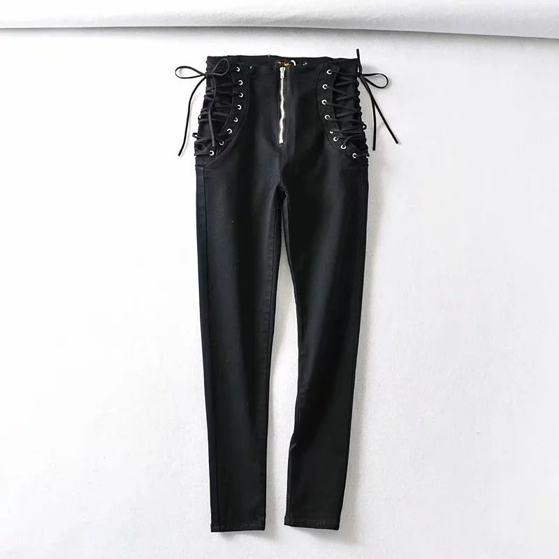 BackUpMyFilesNow® chic high waist denim jeans, showcasing a close-up of the stylish dark blue denim fabric and high-rise fit.