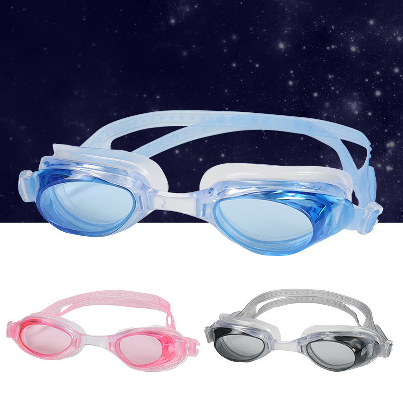 HD flat-light waterproof antifogging swimming glasses with clear, streamlined lenses and adjustable strap