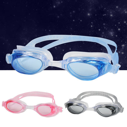 HD flat-light waterproof antifogging swimming glasses with clear, streamlined lenses and adjustable strap