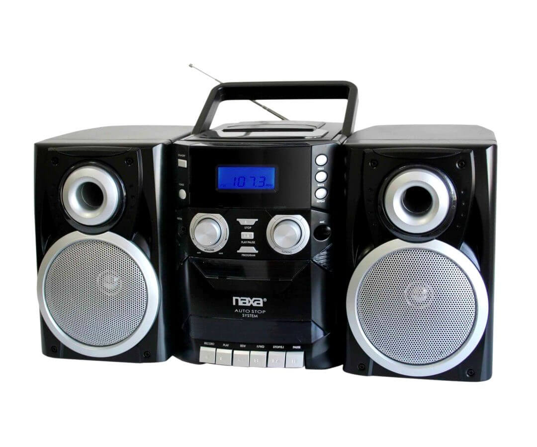 Naxa portable CD player with AM/FM radio and cassette recorder, compact music device with stereo speakers and playback controls.
