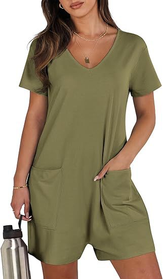 Women's summer casual sleeveless round-neck jumpsuit with short belt and pockets, front view