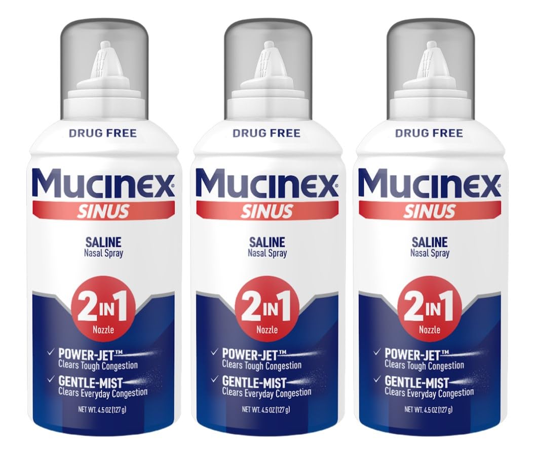 BACKUPMYFILESNOW® Mucinex 2-in-1 saline nasal spray and rinse 4.5oz 3-pack, non-drowsy nasal relief product, front view