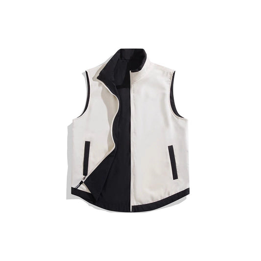 Color-block reversible vest jacket with contrasting panels and sleeveless design