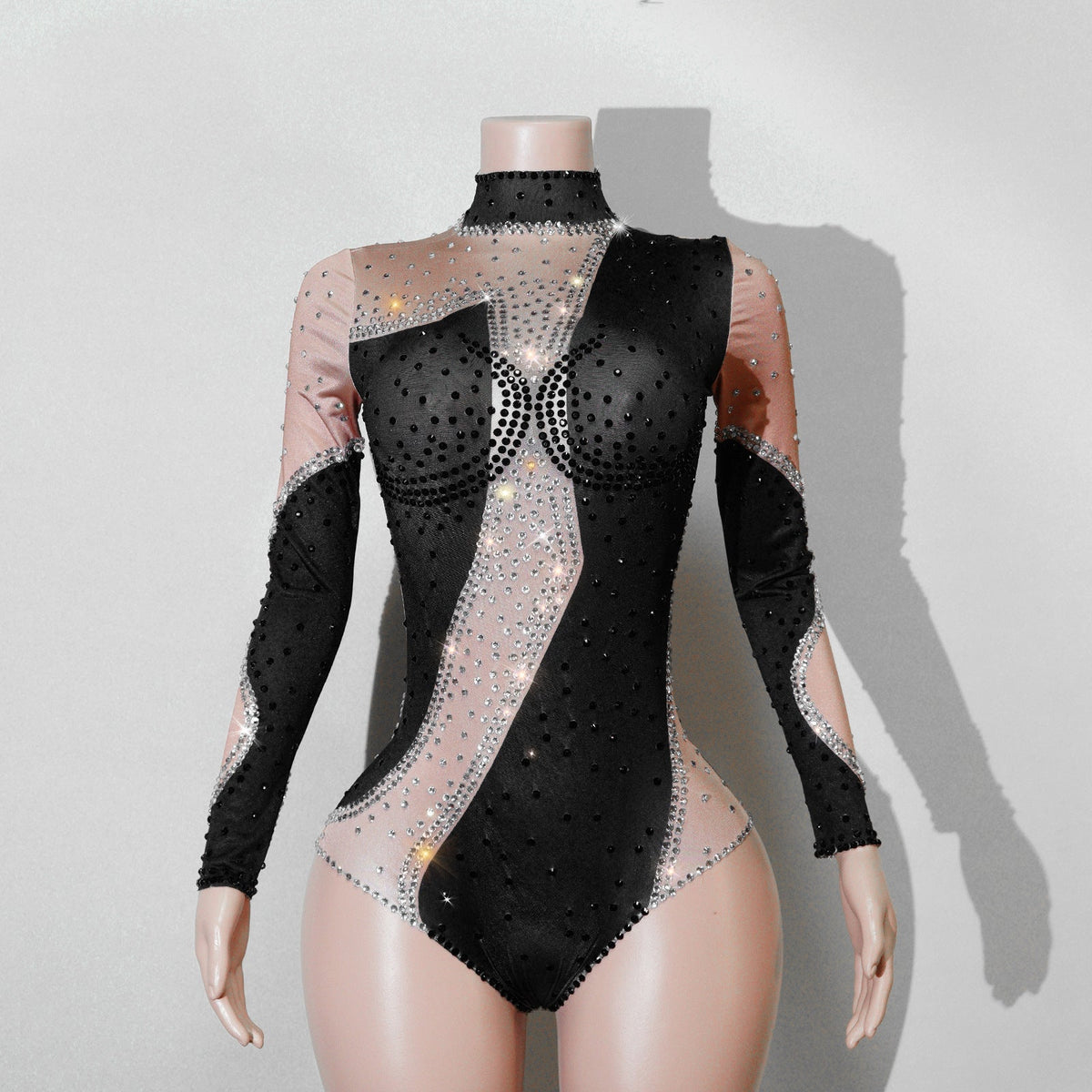 Women's rhinestone mesh patchwork jumpsuit in a stylish fitted design