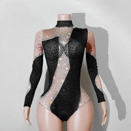 Women's rhinestone mesh patchwork jumpsuit in a stylish fitted design