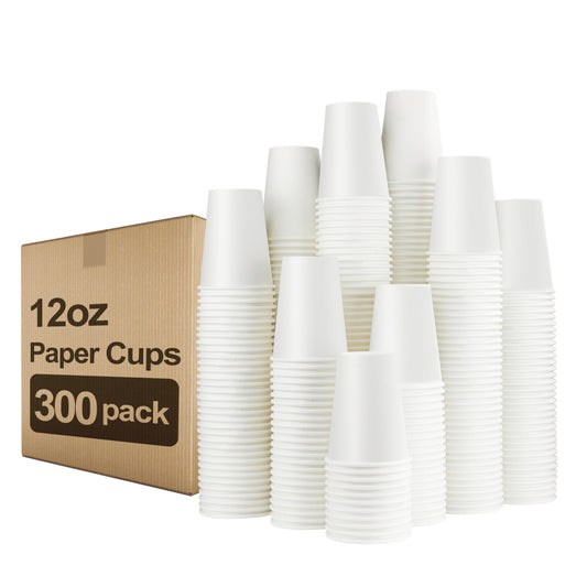 Disposable 12 oz coffee cups from BACKUPMYFILESNOW® in a 300-pack, made of paper, ideal for hot beverages.
