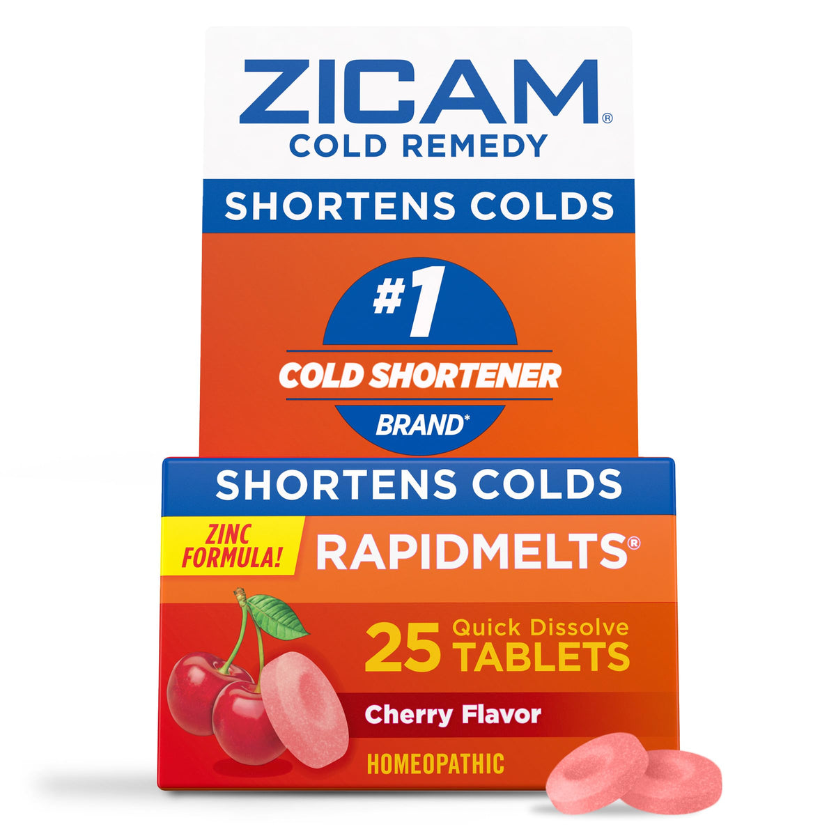 Zicam Cherry Zinc Rapidmelts cold remedy box with 25 lozenges, featuring cherry flavor and zinc for immune support.
