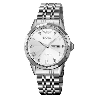 Business casual solid steel band calendar waterproof watch with a classic round dial and metal strap