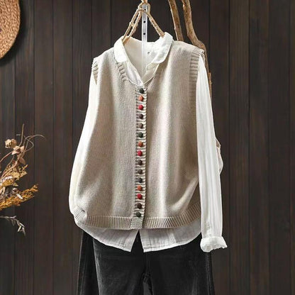 Colored button cotton thread knitted vest, front view with textured knit and multicolor buttons