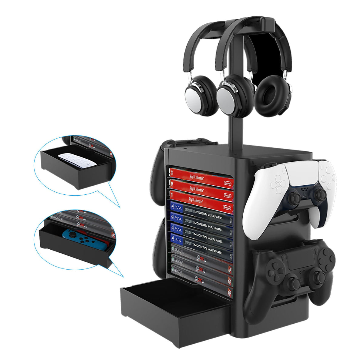 Can Receive Earphone Handle Host CD Storage Rack, compact black organizer for headphones, controllers, and CDs