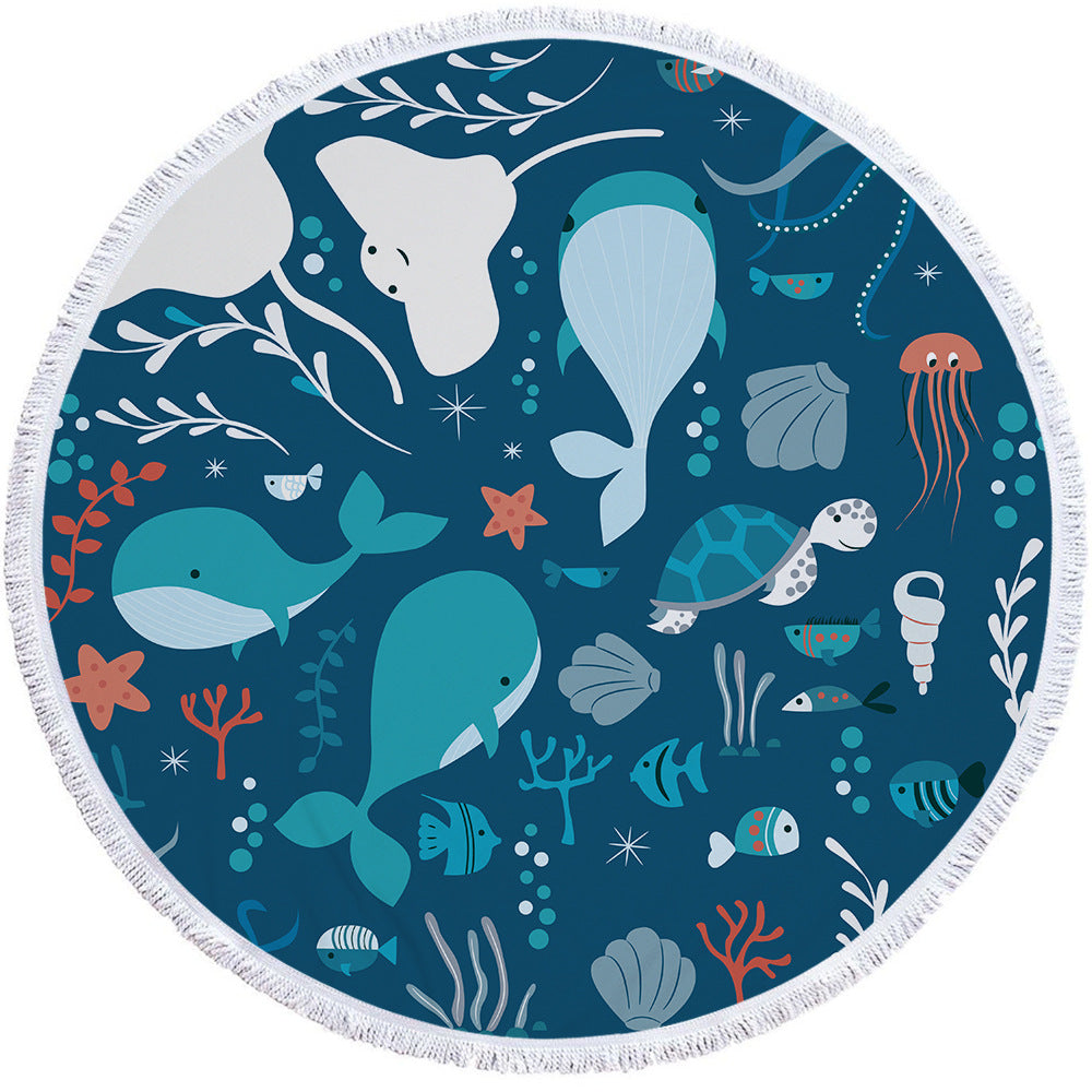 Microfiber round beach towel yoga mat with soft absorbent fabric, displayed flat in a circular shape