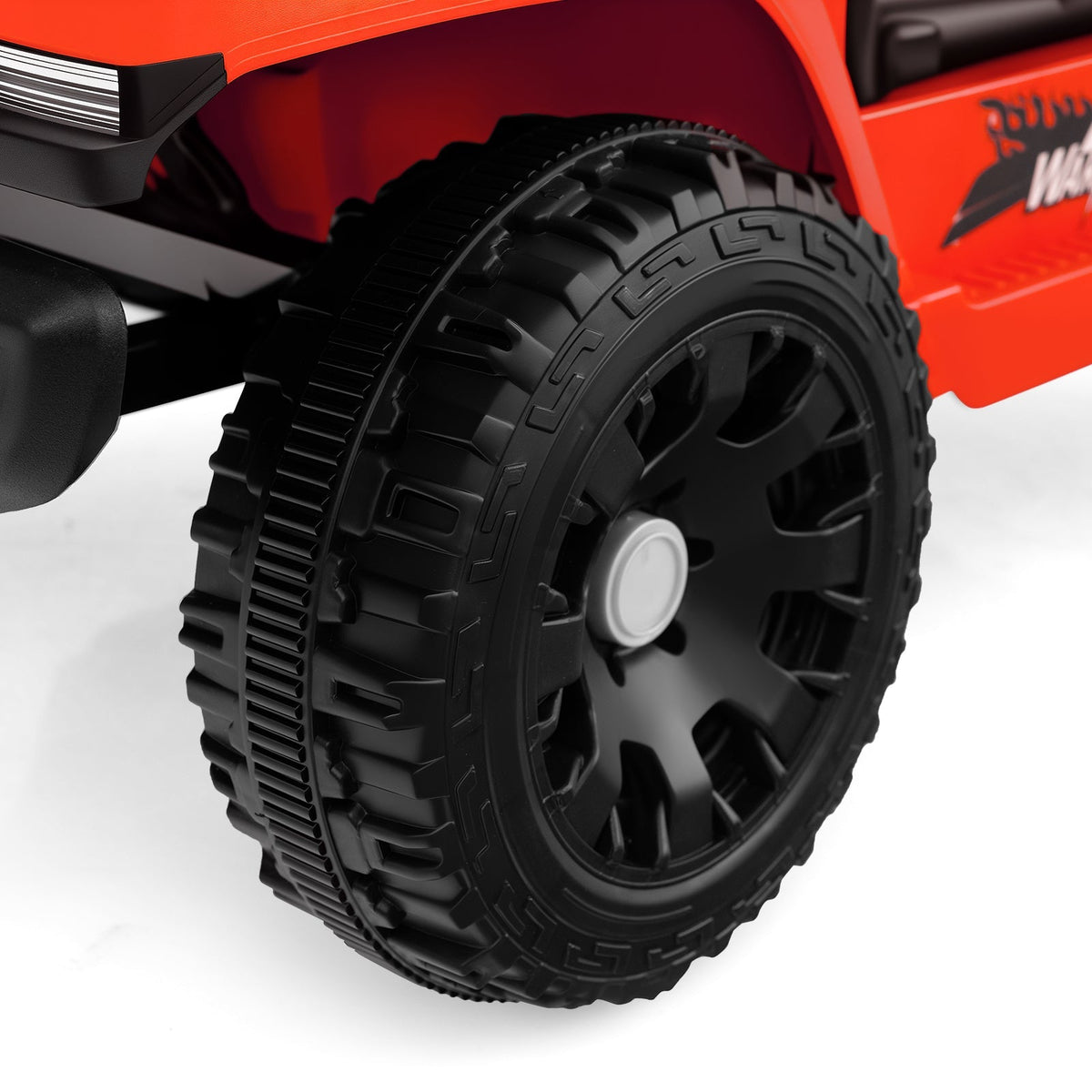 Kids ride-on truck with 12V battery, electric vehicle for children, black and red design, featuring realistic truck details.
