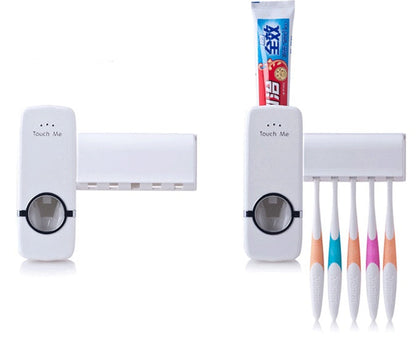 Automatic toothpaste squeezer dispenser mounted on a bathroom wall, white compact design