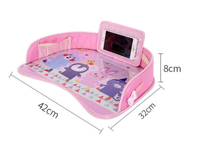Baby car seat tray table with molded cup holder and activity surface, shown in black plastic