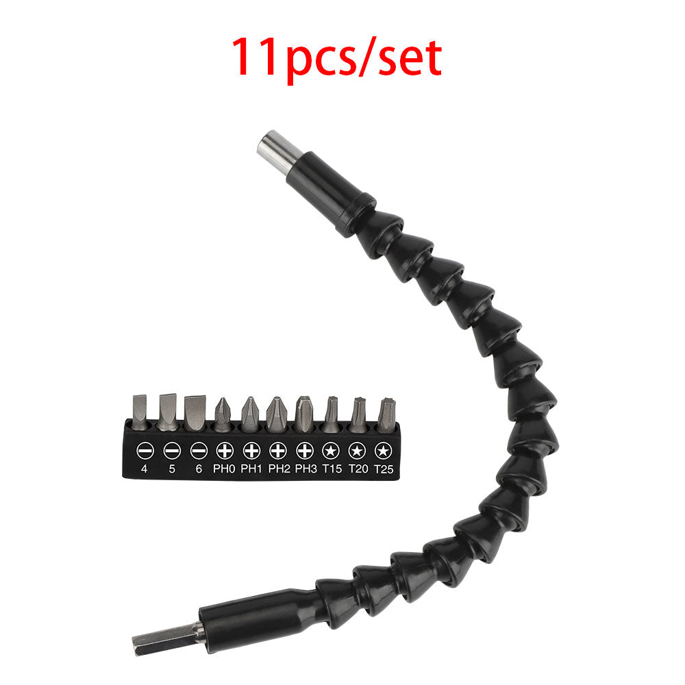 Flexible shaft drill bit holder for hand drill, shown coiled and ready for use