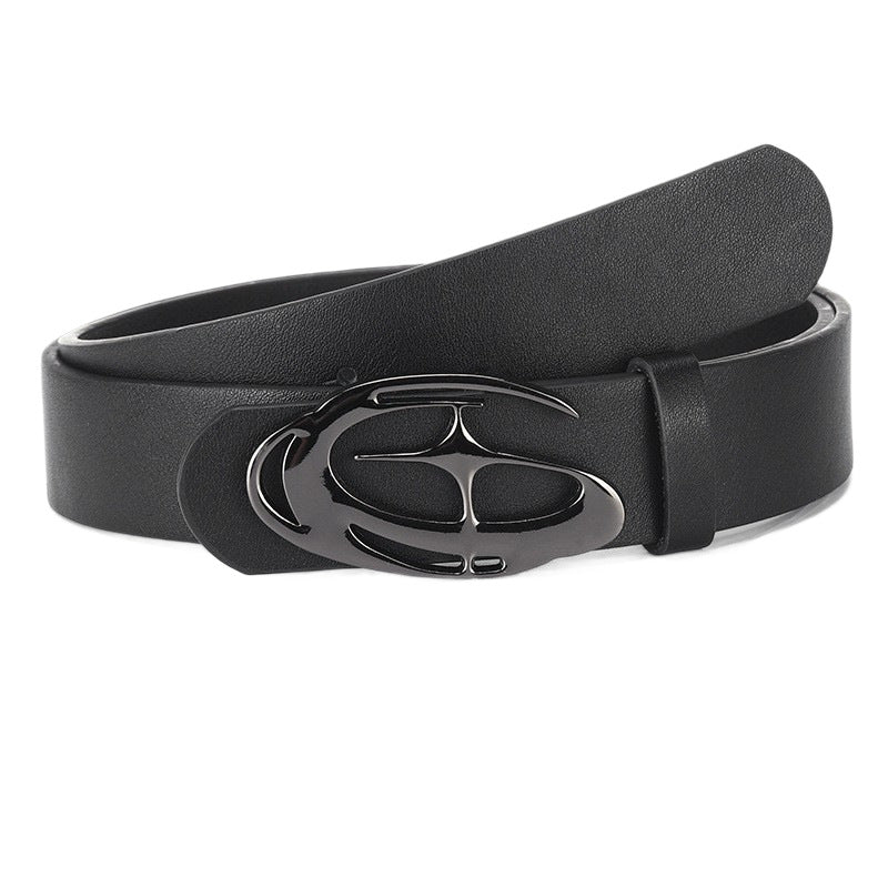 Designer-inspired women's slim leather belt with hollowed-out irregular-shaped buckle