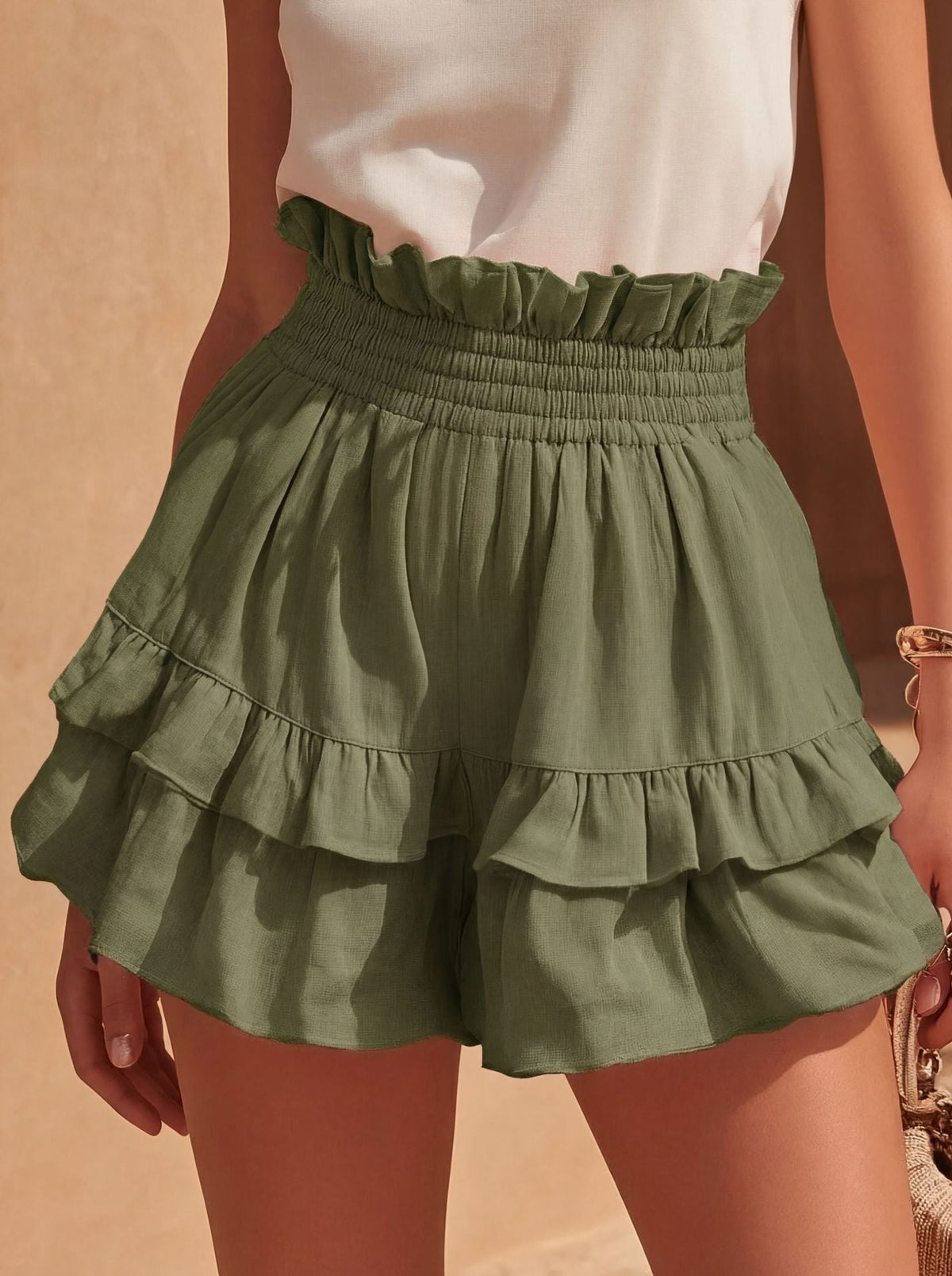 Casual fashion drawstring waist ruffle shorts with elastic waistband and layered ruffle hem