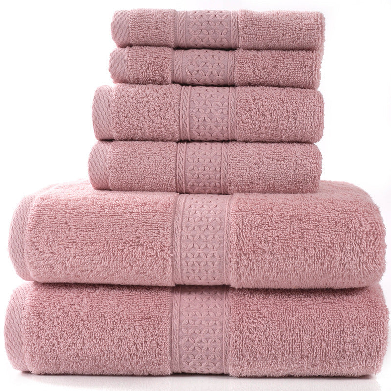 Cotton absorbent towel set, available in 3-piece and 6-piece options, folded and displayed together