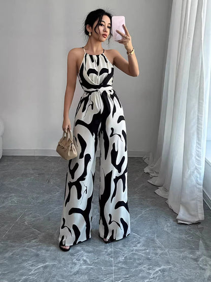 European American style milk-pattern halter neck jumpsuit with tie-back open-back bodysuit design for women