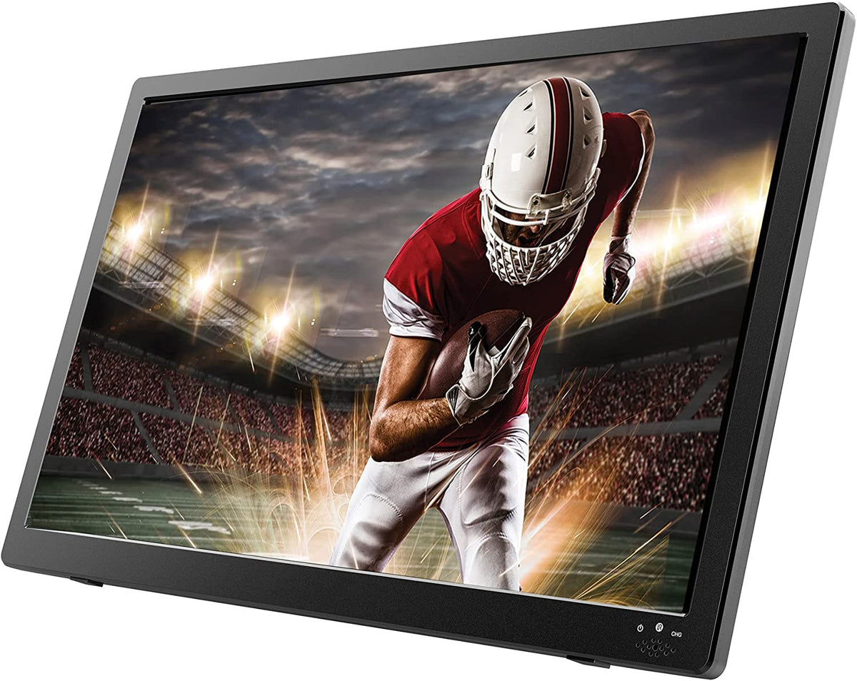 Naxa portable 16-inch 12V ACDC TV with digital multimedia player, showing a sleek black design and screen displaying colorful content.
