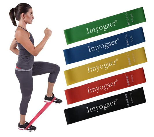 Resistance bands for yoga stretching and pull-up assistance, shown in assorted colors