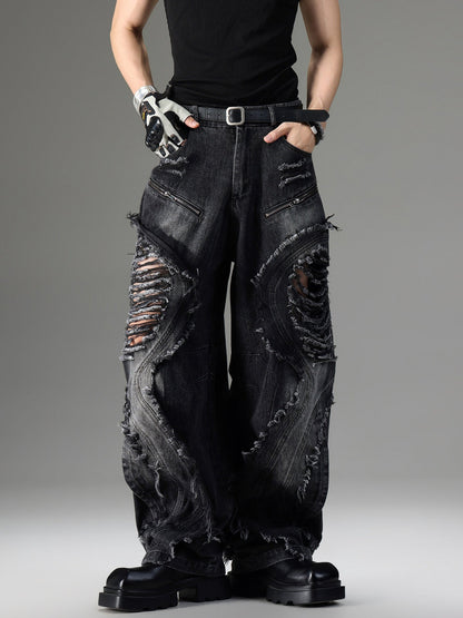 American-style vintage deconstructed distressed jeans with worn details and classic denim styling