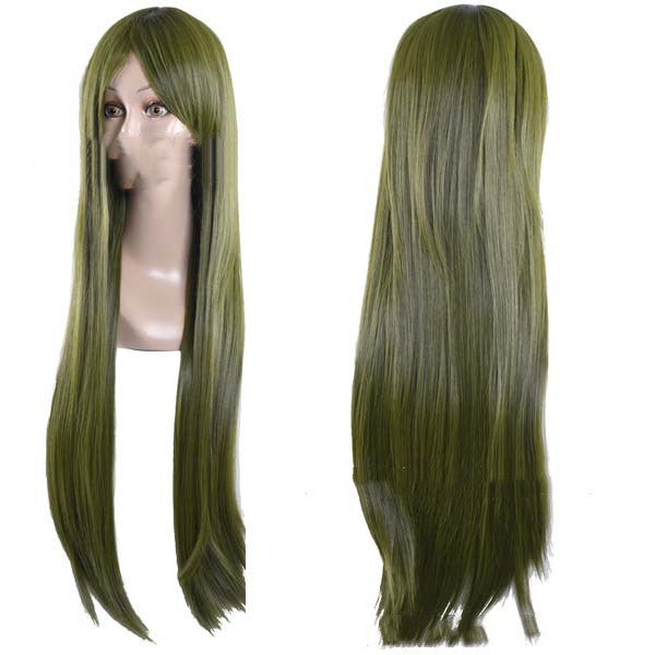Long straight anime wig in black synthetic hair, full-length view