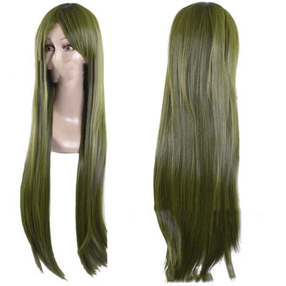 Long straight anime wig in black synthetic hair, full-length view
