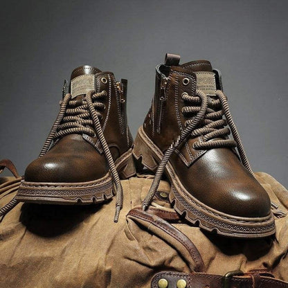 Men's spring casual high-top leather boots by My Store, featuring a rugged ankle-high design