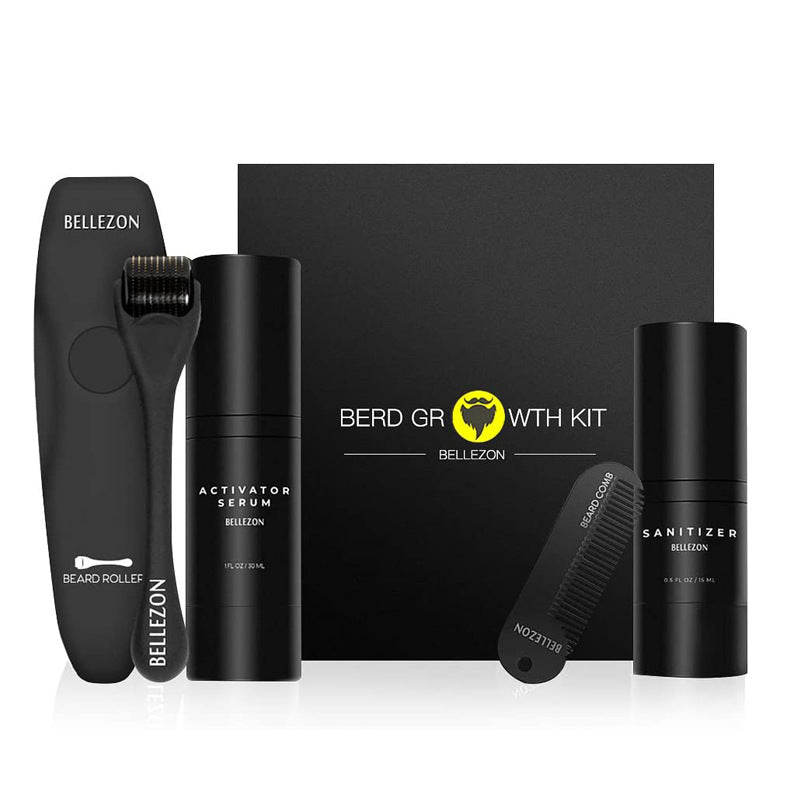 Beard Growth Liquid Beard Care Set with beard oil and grooming essentials shown together