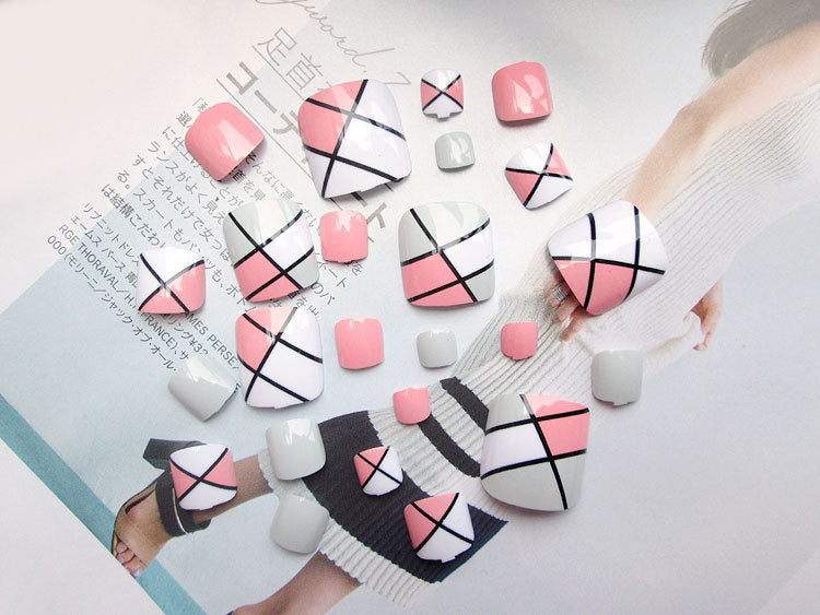 24-piece Pro artificial acrylic toe nails patch set in assorted styles and sizes