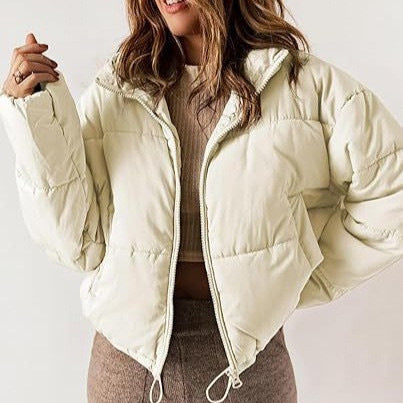 Stand-collar cotton-padded puffer coat for petite figures in a quilted design
