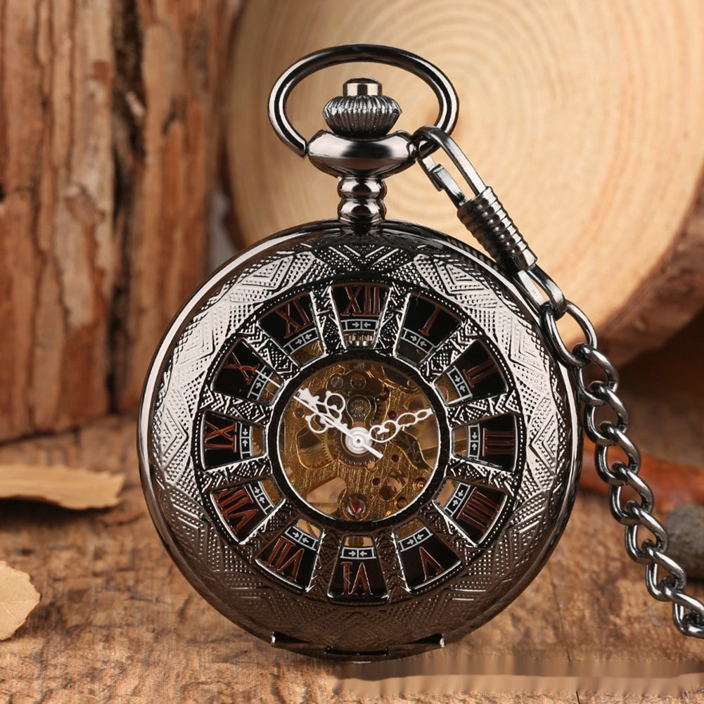 Openwork carved floral Roman-style pocket watch with exposed clock face and ornate vintage design