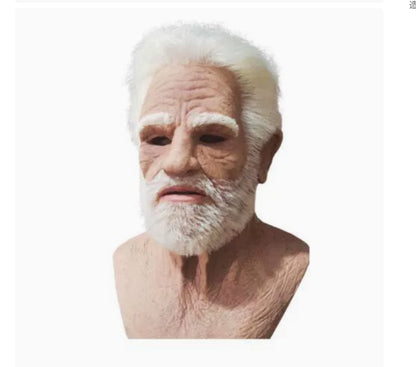 Old man Halloween mask with white hair, white beard, and headgear