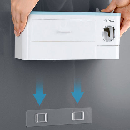 Hanging magnetic toothbrush holder with single drawer, toothpaste squeezer, and non-marking storage rack